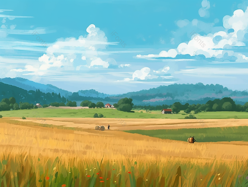 手绘夏季小满蓝天白云下的乡村田园金黄色麦穗地背景,插画/手绘图,插画/手绘图库,插画/手绘图下载,插画/手绘